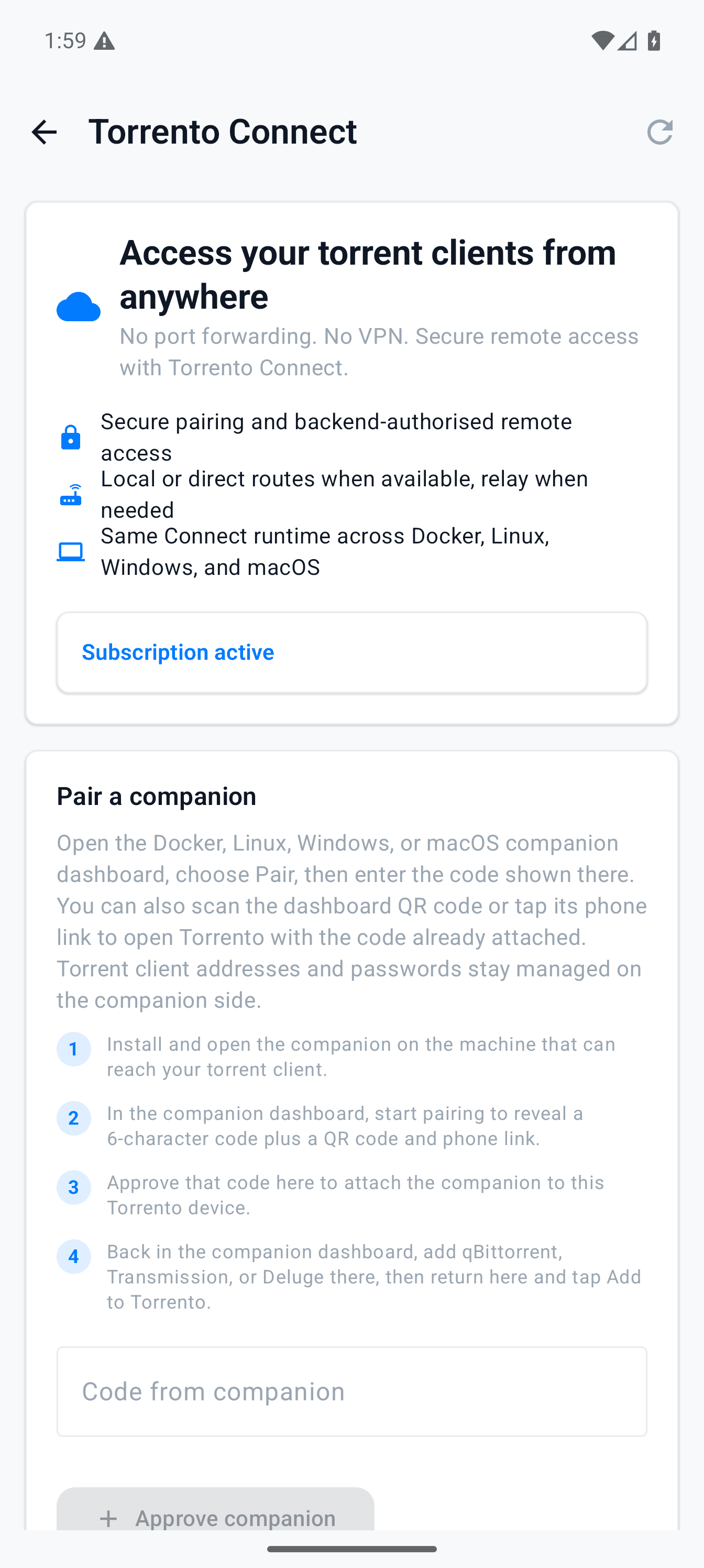 Torrento Android Connect screen showing the companion code entry field and pairing approval flow