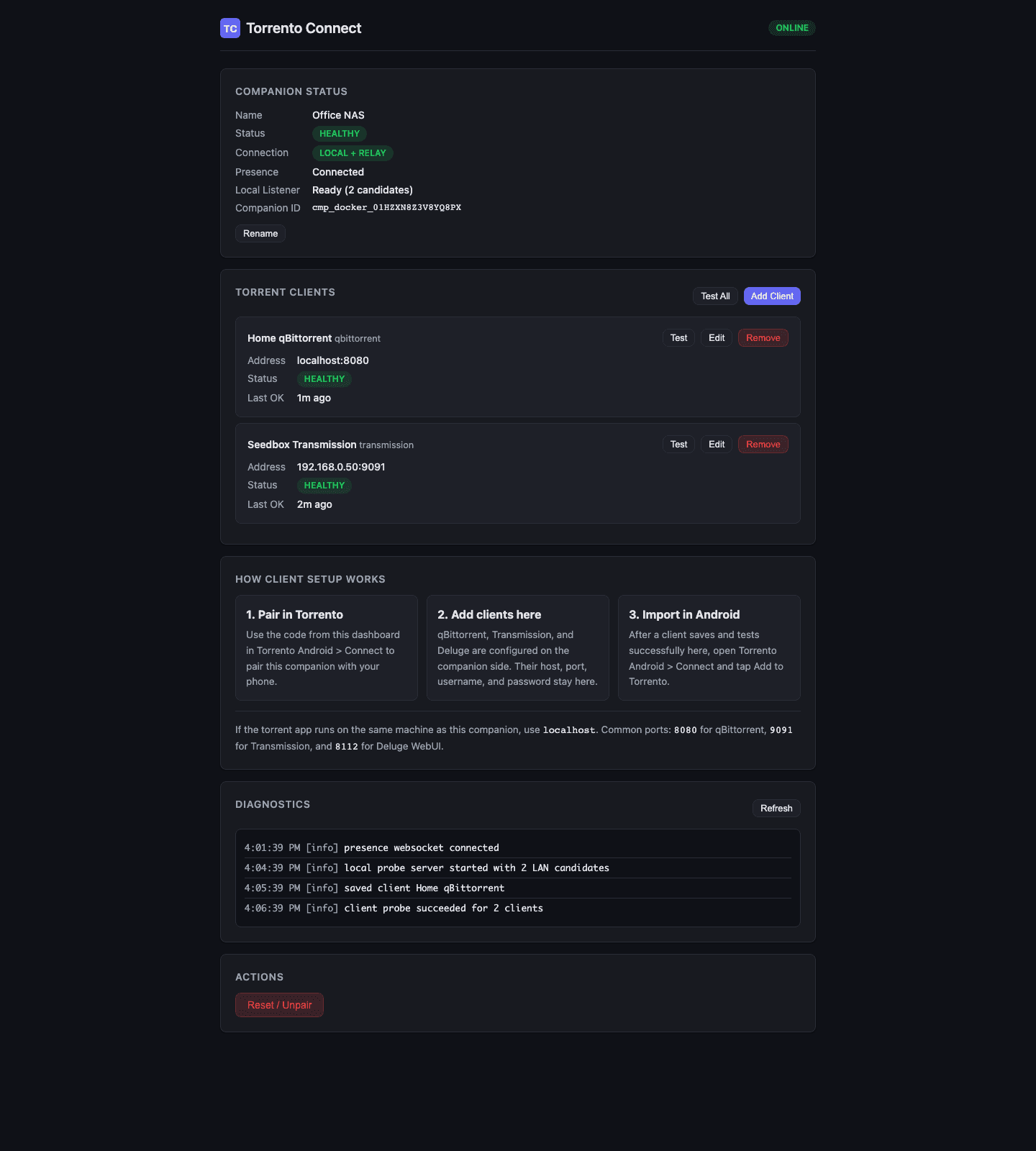 Torrento Connect Docker web UI dashboard showing companion status, saved torrent clients, diagnostics, and add-client actions