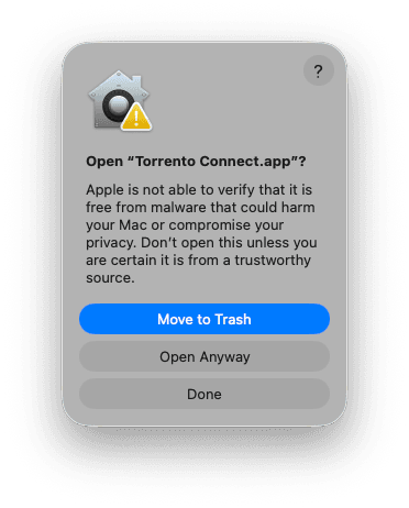 macOS confirmation dialog asking whether to open Torrento Connect.app anyway