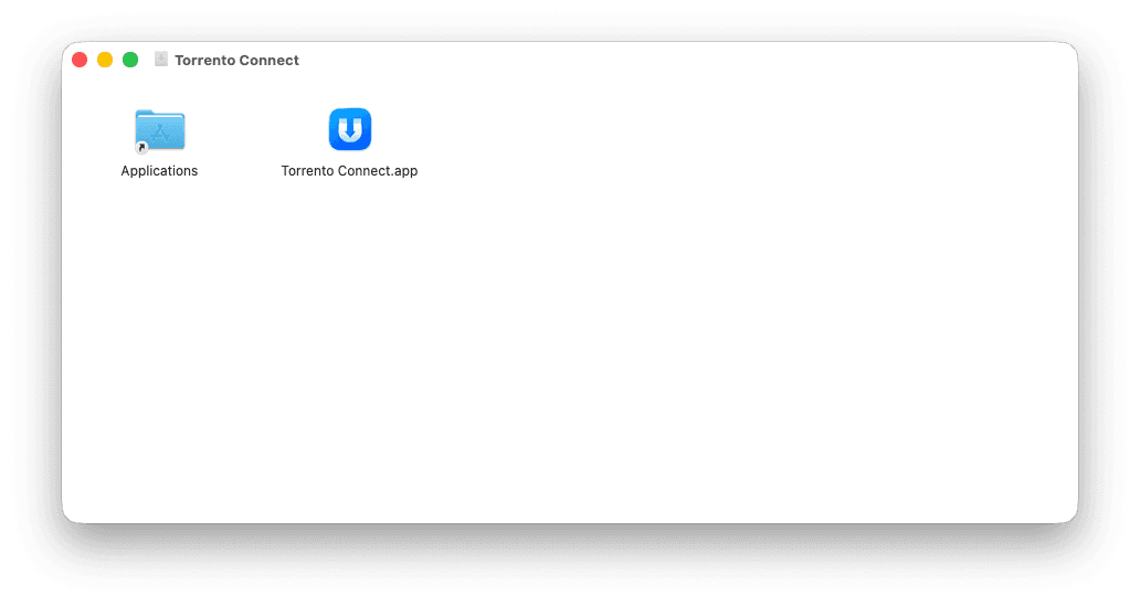 Mounted Torrento Connect DMG window with the Applications shortcut and Torrento Connect.app