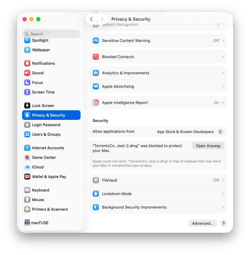 System Settings Privacy and Security showing Open Anyway for the blocked Torrento Connect DMG