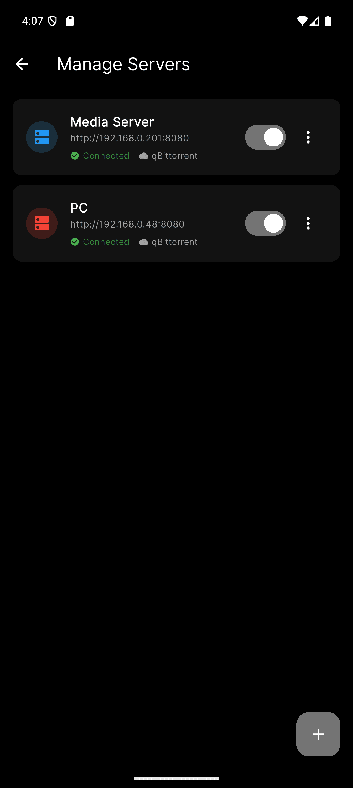 Torrento Android servers screen showing multiple saved qBittorrent, Transmission, and Deluge connections